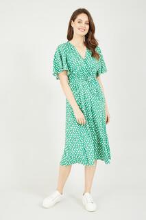 Зеленое платье с запахом и принтом «Ромашки» Yumi, зеленый