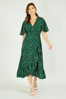 Зеленое платье с запахом и леопардовым принтом Mela, зеленый