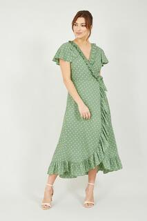 Зеленое платье с запахом и оборками в горошек Yumi, зеленый