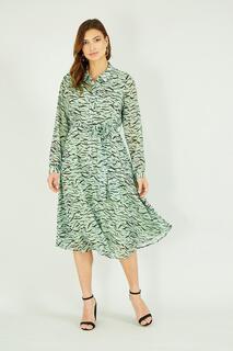 Зеленое платье-рубашка миди с длинным рукавом и зебровым принтом Yumi, зеленый