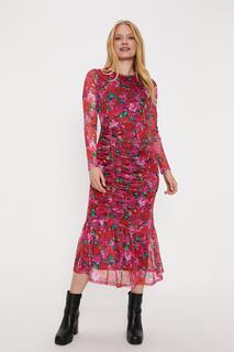 Розовое сетчатое платье-миди со сборками и цветочным принтом Oasis, розовый