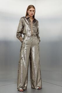 Широкие тканые брюки с пайетками Petite Karen Millen, серебро