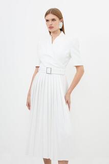 Платье миди Forever из структурированного крепа с вырезом и запахом и поясом Karen Millen, белый