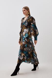 Зимнее тканое платье макси с цветочным принтом Karen Millen, мультиколор