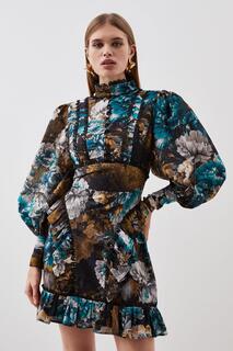Зимнее тканое мини-платье с цветочным принтом Karen Millen, мультиколор