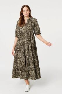 Многоуровневое платье макси с леопардовым принтом Izabel London, хаки