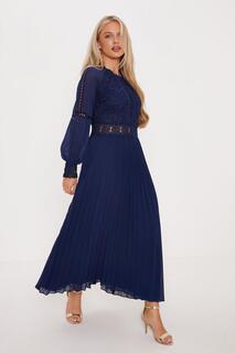 Платье миди Petite Premium с кружевом и плиссировкой Oasis, темно-синий
