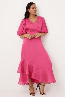 Платье миди Petite с блестящими рукавами-фонариками и запахом Wallis, розовый