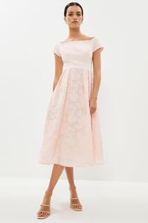 Платье миди Petite с вырезом Bardot и вышивкой Coast, розовый