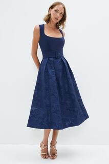 Платье миди Petite с квадратным вырезом и вышивкой Coast, темно-синий