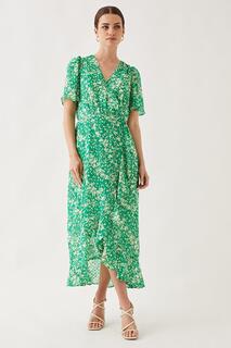 Платье миди Petite с цветочным принтом и оборками Dobby Wallis, зеленый