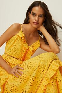 Платье миди Premium Broderie с V-образным вырезом и рюшами Oasis, желтый