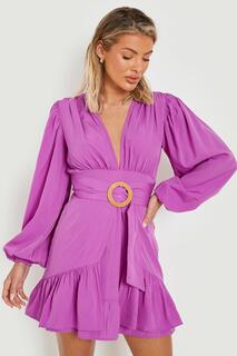Пляжное платье с пряжкой из рафии и поясом boohoo, фиолетовый