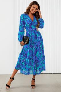 Синее платье макси с длинными рукавами и цветочным принтом FS Collection, синий