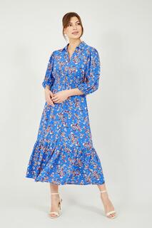 Синее платье-рубашка миди с цветочным принтом Yumi, синий