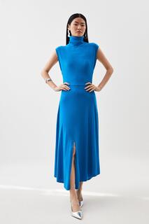 Трикотажное платье мидакси без рукавов из смеси кашемира с высоким воротником и воротником-стойкой Karen Millen, синий