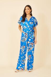 Синий атласный комбинезон с запахом и цветочным принтом, рукава-кимоно Yumi, синий