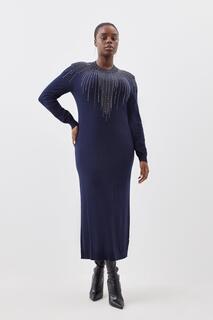 Трикотажное платье миди из смесовой вискозы больших размеров с украшением Karen Millen, темно-синий