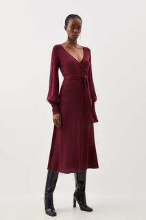 Трикотажное платье миди из смеси кашемира с запахом, длинными рукавами и поясом Karen Millen, красный