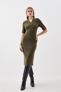 Трикотажное платье миди премиум-класса из 100% мытой шерсти Karen Millen, хаки