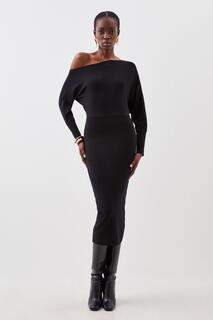 Трикотажное платье миди с асимметричным вырезом из смесовой вискозы Karen Millen, черный