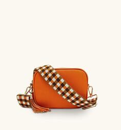 Оранжевая кожаная сумка через плечо с оранжево-коричневым ремешком в клетку Apatchy London, оранжевый