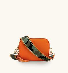 Оранжевая кожаная сумка через плечо с камуфляжным ремешком в оранжево-золотую полоску Apatchy London, оранжевый