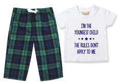 Я самый младший. «Правила ко мне не применимы». Пижамы. Детский пижамный комплект с брюками в клетку тартан. 60 SECOND MAKEOVER, зеленый