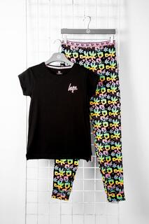 1 упаковка пижамного комплекта с напуском и цветочным принтом с короткими рукавами и манжетами, черный цвет Hype, черный
