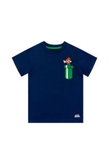 Игровая футболка с принтом Warp Pipe и логотипом Mario, с нагрудным карманом Super Mario, синий