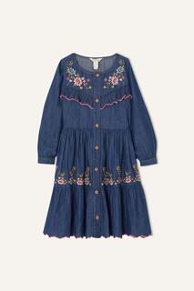 Платье из шамбре с вышивкой Monsoon, синий