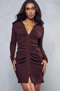Текстурированное платье-рубашка со сборками MISSPAP, коричневый