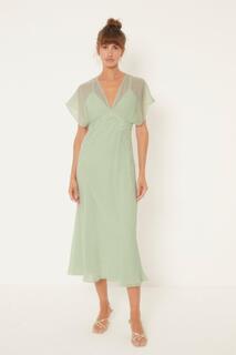 Нежное шифоновое платье миди с кружевной вставкой и V-образным вырезом Oasis, зеленый