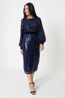 Бархатное платье миди с завязками Petite с пайетками Wallis, темно-синий