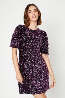 Бархатное мини-платье с пышными рукавами и завязкой на спине с пайетками Oasis, фиолетовый