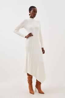Вязаное платье мидакси с асимметричным подолом и высоким воротником из смесовой вискозы Karen Millen, белый