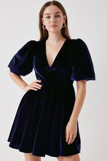 Бархатное мини-платье Debut London с пышными рукавами Debenhams, темно-синий