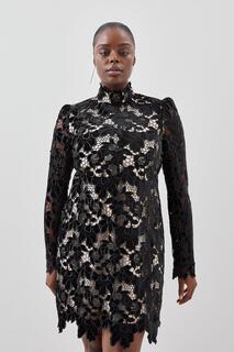 Бархатное мини-платье больших размеров с ажурной вышивкой Karen Millen, черный