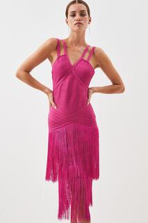 Вязаное платье миди с бахромой и бахромой для миниатюрной фигуры Karen Millen, розовый