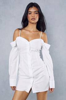 Платье-рубашка из поплина с открытыми плечами и пуговицами MISSPAP, белый