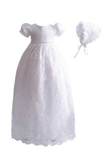 Длинное кружевное платье для крещения с чепчиком Cinda, белый