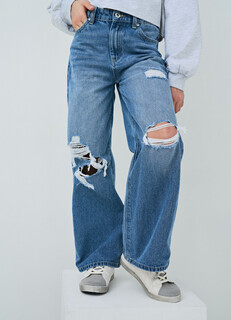 Широкие джинсы с разрывами для девочек, Голубой O'stin