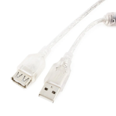 Кабель интерфейсный USB 2.0 удлинитель Cablexpert AM-AF 0,75 м, Pro, экран, феррит. кольцо, прозрачный, пакет