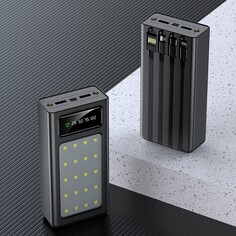 Внешний аккумулятор 485, 10000 мач, кабели type-c/lightning/microusb, фонарь, черный NO Brand