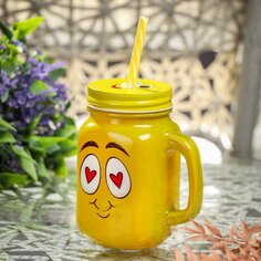 Банка для напитков/смузи стекло, 450 мл, Смайлик, с крышкой, с трубочкой, Y4-6540