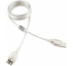 Кабель интерфейсный USB 2.0 удлинитель Cablexpert AM-AF 1.8 м, Pro, экран, феррит. кольцо, прозрачный, пакет