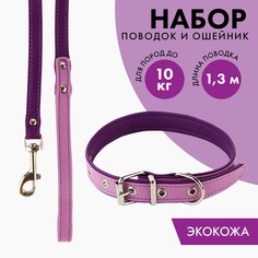 Комплект ошейник (58х2.5 см) и поводок (130х1.4 см) из экокожи, сиреневый с фиолетовым Пушистое счастье