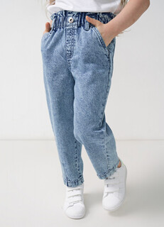 Свободные джинсы с высокой посадкой и поясом на резинке для девочек, Голубой O'stin