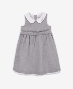Платье из благородного меланжевого льна с контрастной отделкой серое для девочки Gulliver (6-9 м)