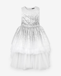 Платье без рукавов двухъярусное с серебристыми пайетками белое Gulliver (104)